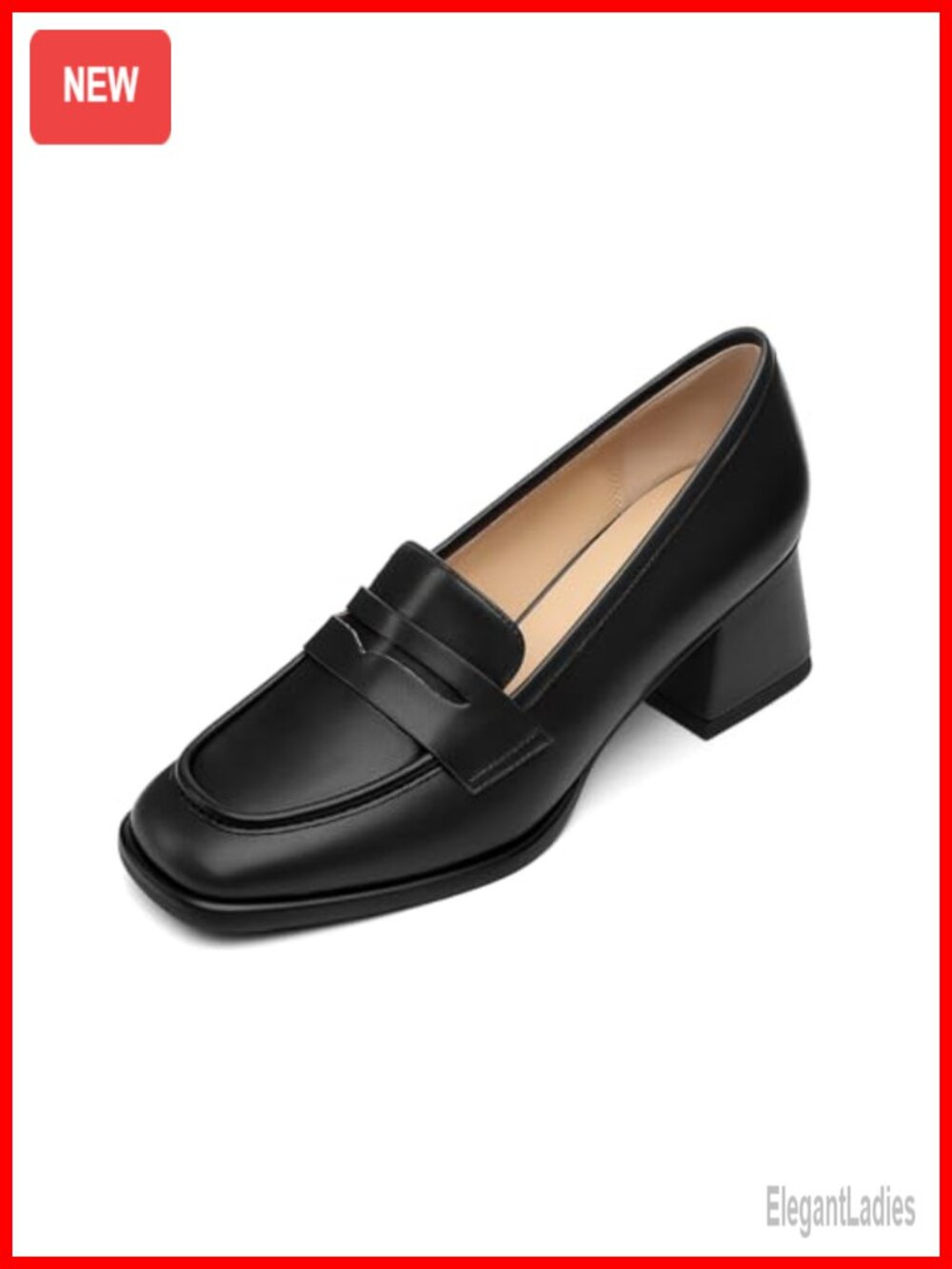 Women's Square Toe Chunky Heel Loafers Slip-On Dress Shoes Faux Leather